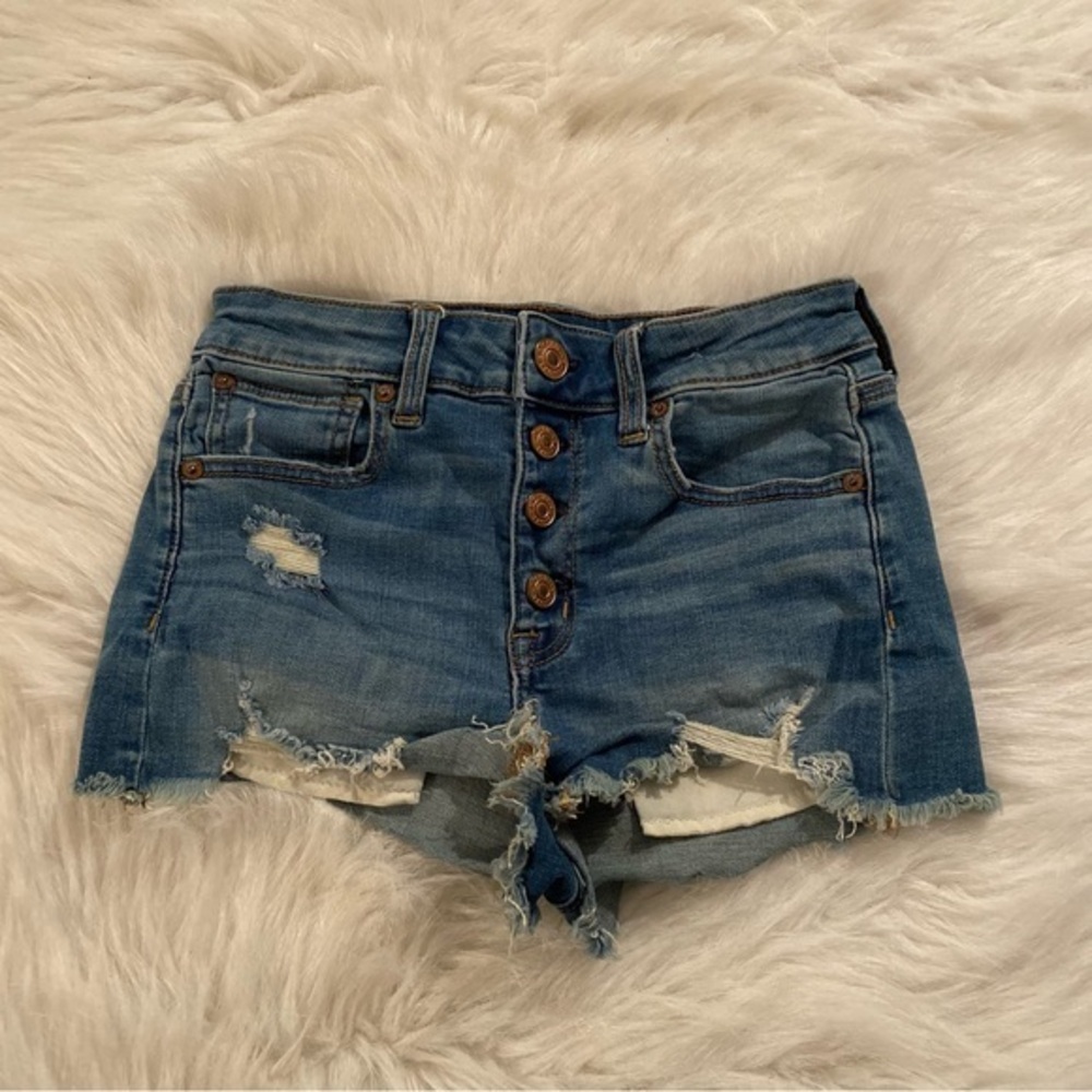 American Eagle‎ Jean Shorts Women’s Size 2 Hi Rise Shortie Button Fly Distressed
